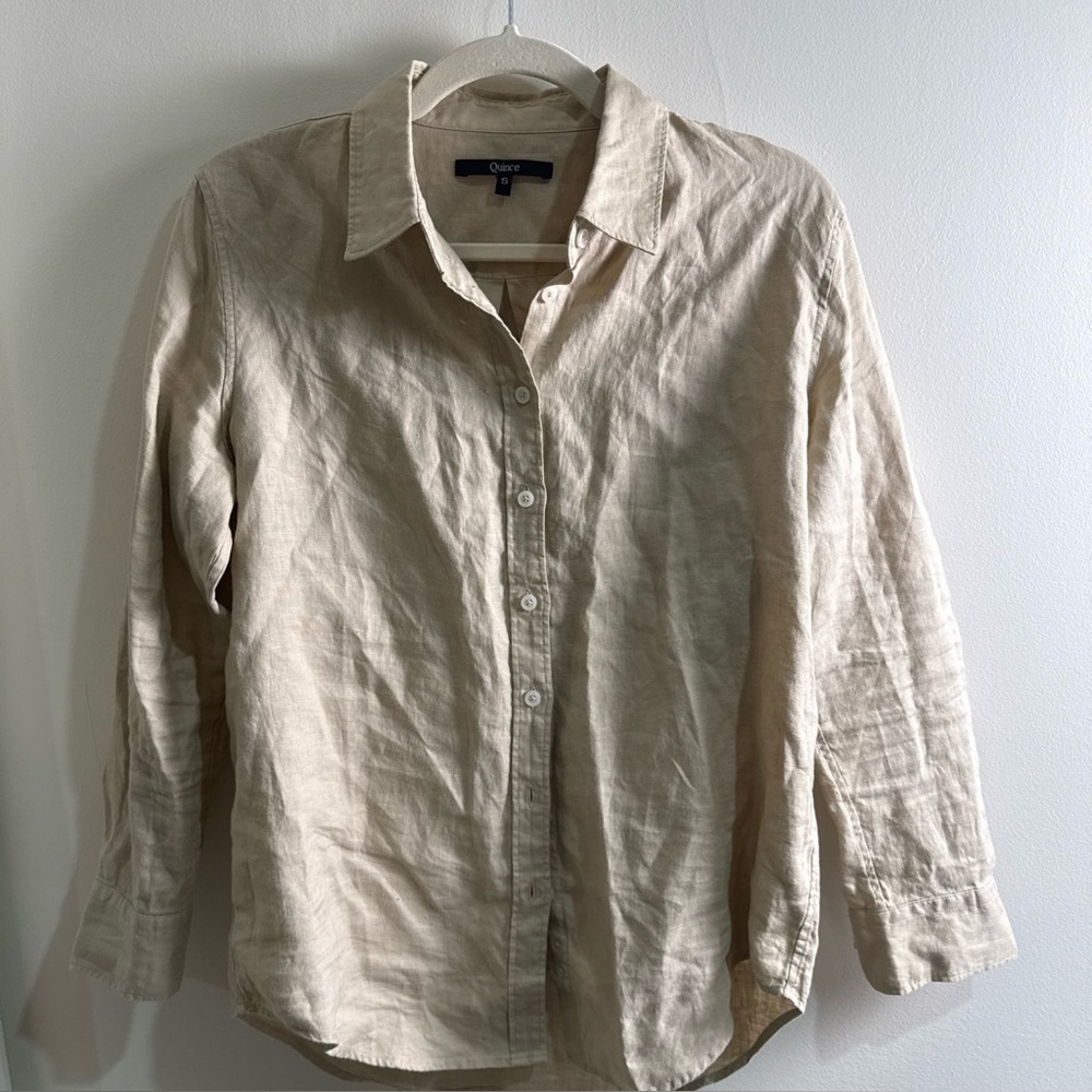 QUINCE 100% linen long sleeve button up blouse NWOT beige
